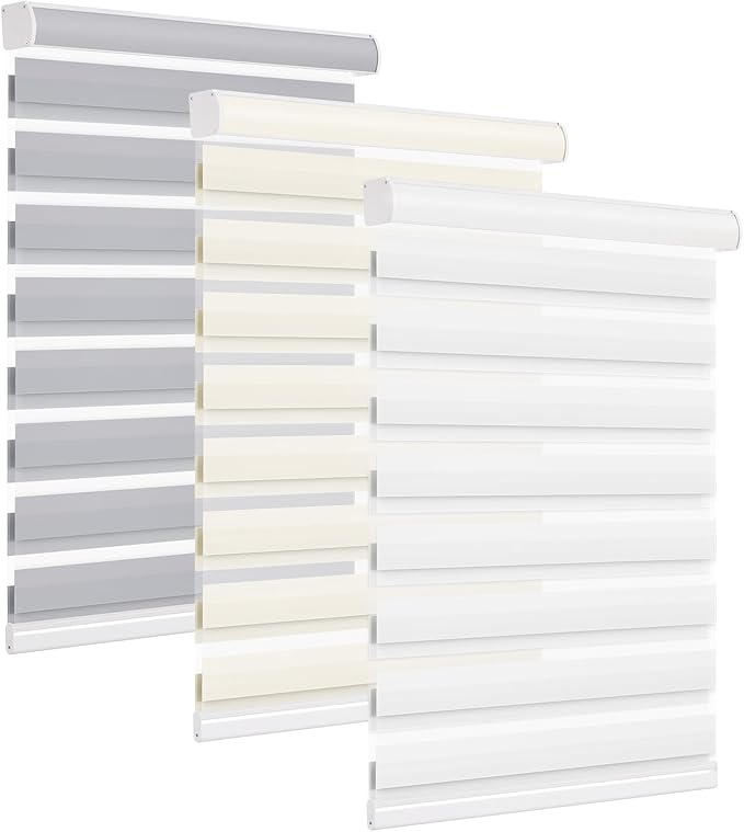 Changshade Zebra Blinds for Indoor Windows Cordless Light Filtering, Custom Size Zebra Roller Shades Dual Layer Fabric for Sliding Glass Doors, Living Room, Bedroom, Bathroom, Easy to Install, Beige