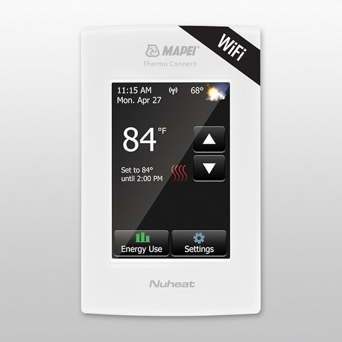 Mapei 2855301 Thermo Connect Smart WiFi Programmable Radiant Floor Heating Thermostat, with Floor Temperature Sensor, Built-in GFCI and Touchscreen Display, for 120-240V Flooring Heating System