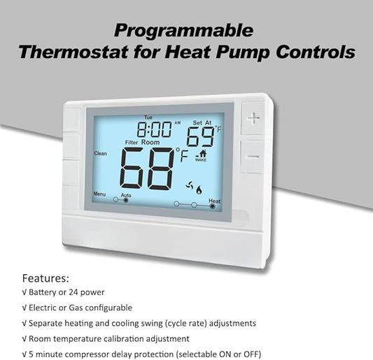 Super Programmable Thermostat for Home,2 Heat/1 Cool Heat Pump Or 1 Heat/1 Cool Conventional Systems, White Backlight