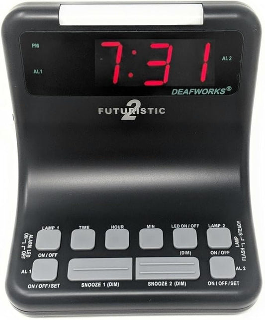 Futuristic 2 Silent Alarm Clock with Bright Flashing LED Lights for Deaf, Hard of Hearing, Heavy Sleepers | Dual Alarms, Built-in USB Chargers | Wake Up Gently
