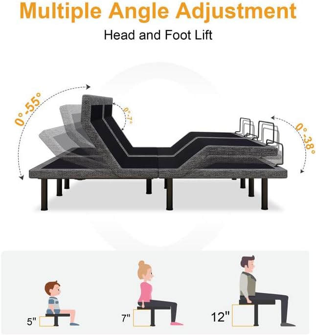MUUEGM Adjustable Bed Base Frame, Ergonomic Electric Bed Bases with Wireless Remote Control and Head-Pillow-tilt, USB A&C, Massage, Zero Gravity, Anti-Snore, Split King