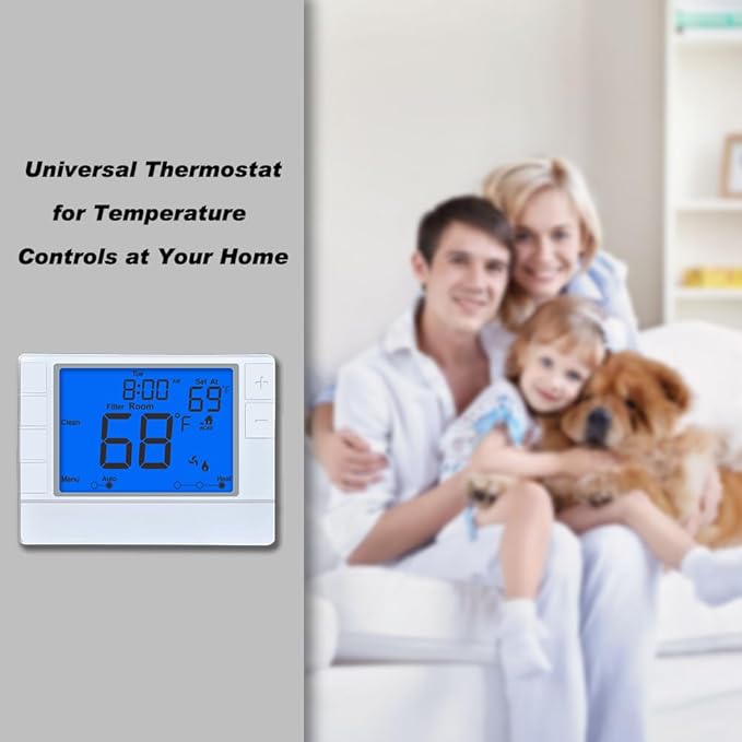Thermostat for Home, Premium Heat Pump Room Temperature Controller, up to 2H/1C, Easy-to-Read Large Display,Blue Backlight