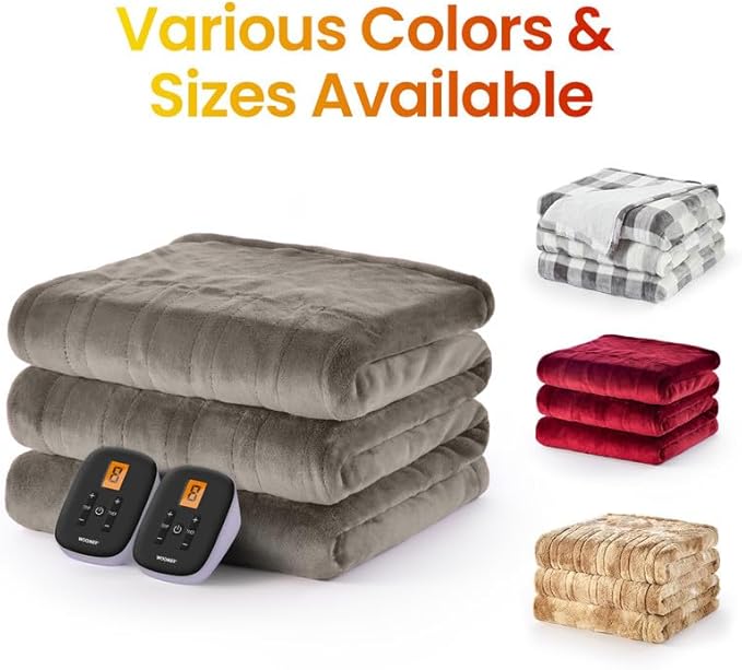 WOOMER Electric Blanket Queen Size 84" x 90", Heated Blanket with 0.5-12 Hours Timer & 10 Heating Levels, ETL Certified, Taupe Double-Sided Velvet, Machine Washable