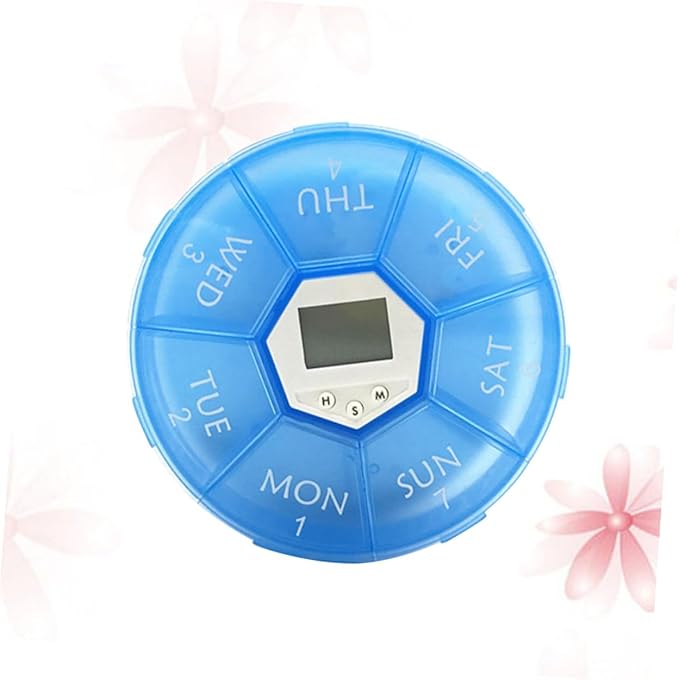 Mikinona Electronic Pill Dispenser with Alarm Clock Weekly Medication Organizer Box for Patients Blue Reminder Case with See-Through Lids for Easy Daily Medicine Management