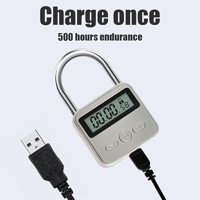 Metal Timer Lock, LCD Display Multi-Function Electronic Timer Lock, 99 Hours Max Timing, USB Rechargeable Timer Padlock (Silver)