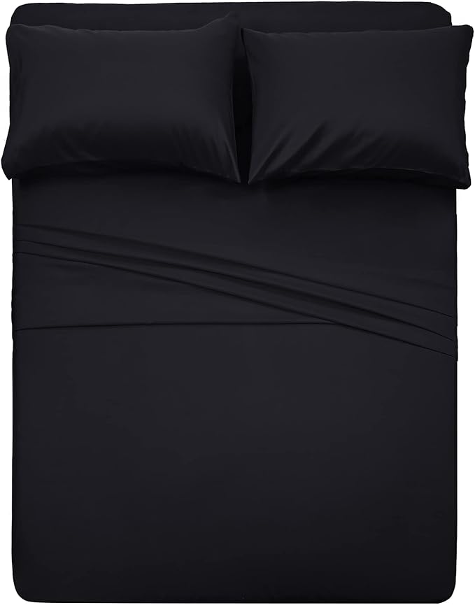 4 Piece Bed Sheet Set (Full,Black) 1 Flat Sheet,1 Fitted Sheet and 2 Pillow Cases,Brushed Microfiber Luxury Bedding with Deep Pockets