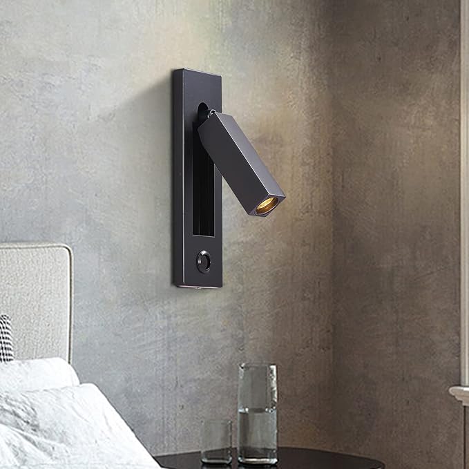 LED Wall Light Bedside Reading Light, with Button Portable Charging Port, Lift Down Control Switch,Hardwire Recessed Unplugged (Black)
