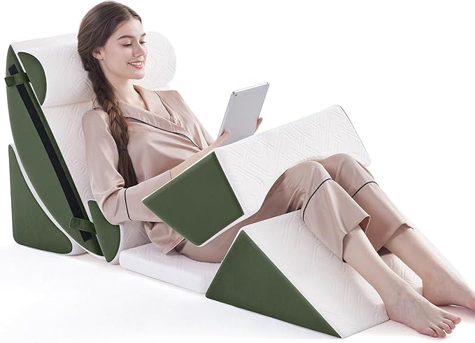 Wedge Pillow Set for After Surgery, 7 PCS Bed Wedge Pillow for Sleeping, Memory Foam Orthopedic Back Pillow for Pain Relief and Acid Reflux, Adjustable Post Surgery Pillow Green