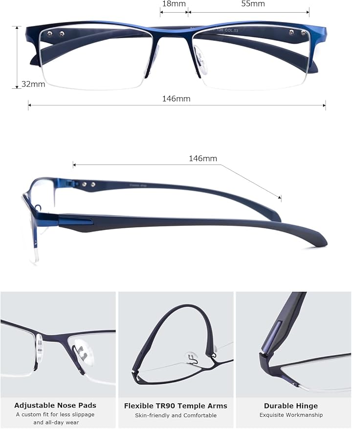 Blue Light Blocking Glasses for Men Semi Rimless Rectangular Computer Glasses Anti Glare UV Gaming Eyeglasses(Trendy Blue Metal Eyeglasses)