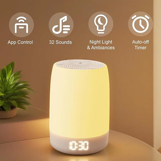 White Noise Machine Alarm Clock for Baby Adults Kids with 32 Soothing Sounds 8 Colors Rainbow Breathing Light,Toddler Sleep Trainer with Timer, App Remote Control,Bluetooth Playback for Bedroom