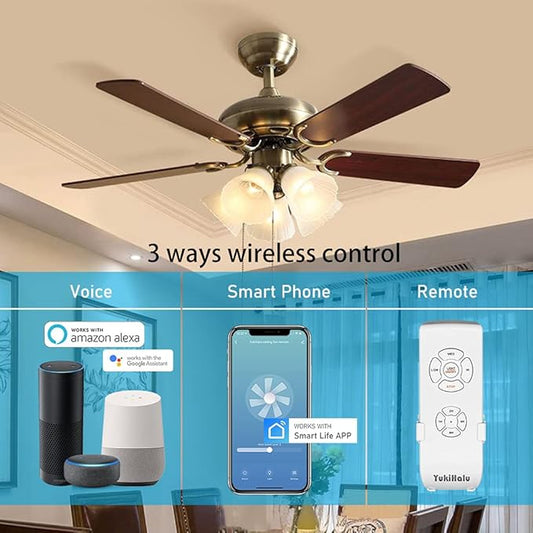 Smart WiFi Ceiling Fan Remote Control Kit, Universal Fan Remote, Controlled by Remote/WiFi/Voice, 3 Speeds 12 Timing, Compatible with Alexa, Google Assistant, Smart Life App, No Hub Required