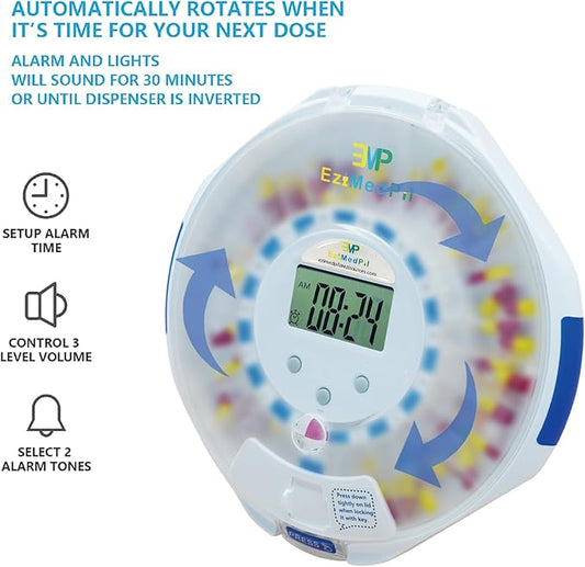EziMedPil Automatic Pill Dispenser Frosted Lid with Alarm, Sound & Light, up to 6 Alarms/Day, 6 Dosage Templates, LCD Display, Key Locked 28-Day Medication Dispenser for Protecting Pills Privacy