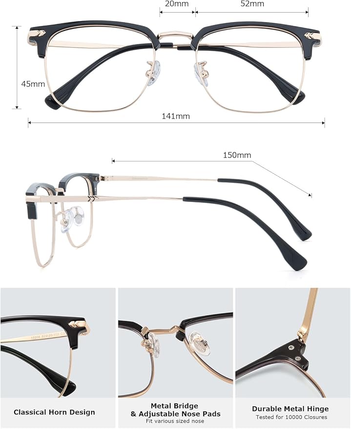 Blue Blocker Glasses for Men Metal Browline Computer Gaming Glasses Filter Blue Ray (Gold Metal/Black TR90 Eyeglasses)