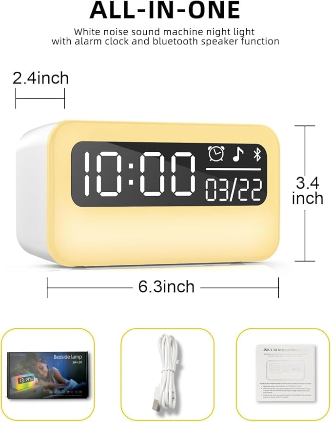 4-in-1 White Noise Sound Machine with 24 Soothing Sounds, Adjustable Night Light for Kids Adult, 4000mAh Rechargeable Bluetooth Speaker with Time Display as Chirstmas Gifts for Kids