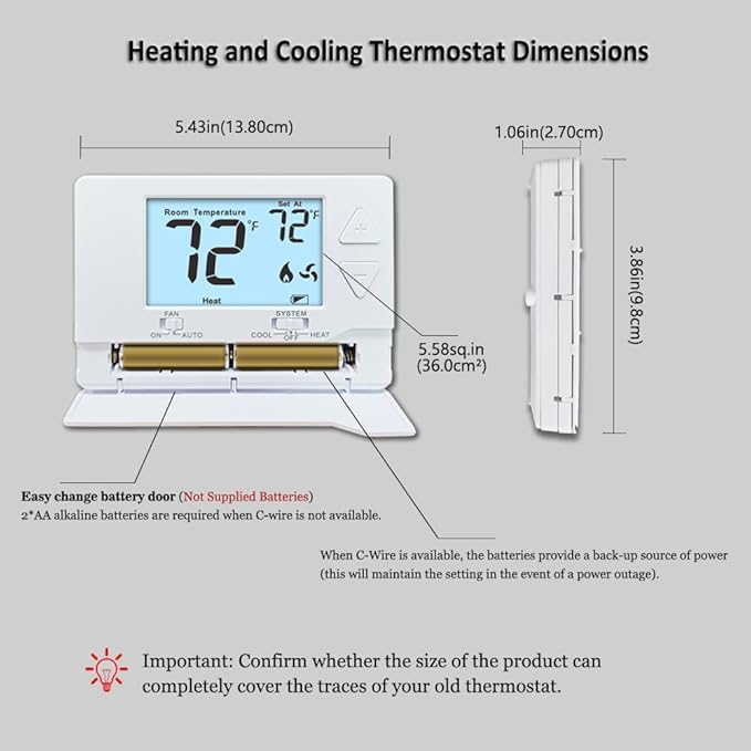 Thermostat for Home Non-Programmable Single-Stage Systems,1 Heat / 1 Cool,Easy DIY,White Backlight