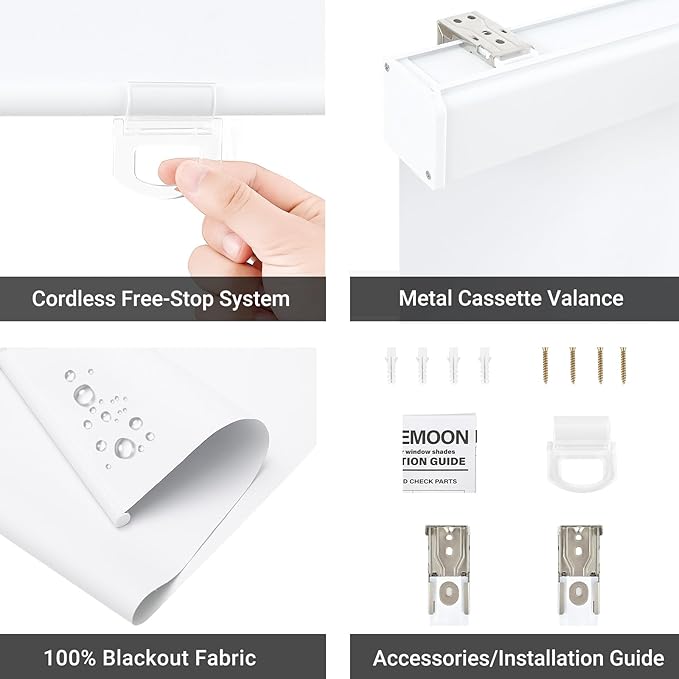 SHADEMOON Blackout Cordless Roller Shades for Windows,Free-Stop System Blind with Valance,Pull Down Room Darkening Indoor Shades,Thermal Insulated UV Blocking Fabric,Home Office(White,71" W x 72" H)