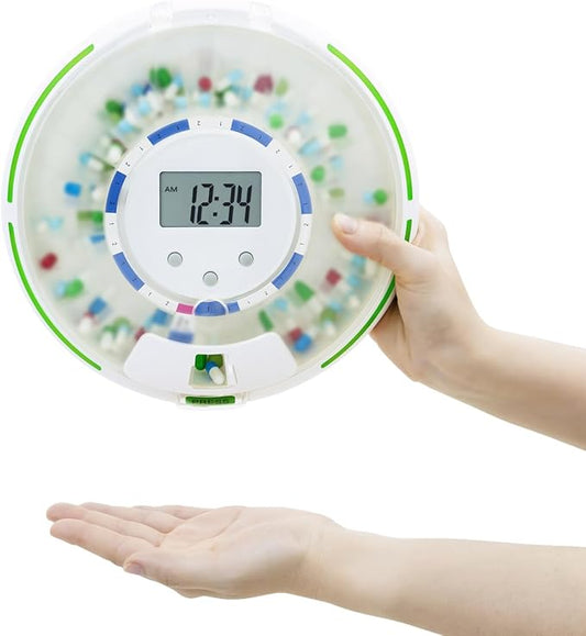 Automatic Pill Dispenser,Lock 28-Day Medication Organizer, Up to 6 Doses Per Day, 6 Dosage Templates, Sound & Light Alerts & Key for Vitamins, Supplements (Frosted Lid)