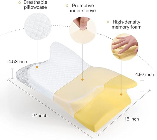 Misiki Contour Memory Foam Pillow, Cervical Pillow for Neck Pain Relief, Ergonomic Pillow for Sleeping, Orthopedic Neck Pillow with Washable Cover, Bed Pillows for Side, Back, Stomach Sleepers