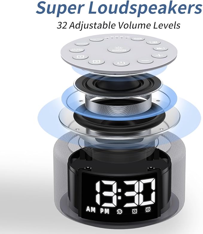 Plug-in Sound White Noise Machine Backup Battery Alarm Clock Brown Noise Machine with Night Light Dual Alarms 30 Sleeping Sounds for Baby Kids Adults 36-Level Vol 5 Timers 15 Wake Up Sounds & Memory