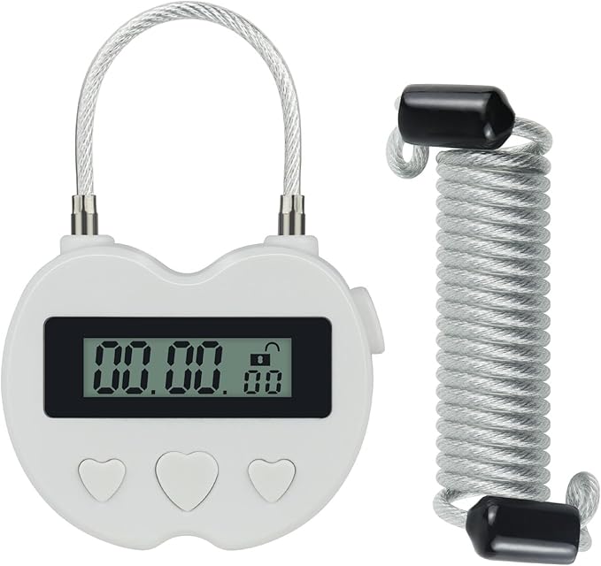 Heart Metal Timer Lock, USB Rechargeable Timer Compact Padlock with 1m Spring Cord, Up to 99 Hours Timed Self-Regulation Anti-Addiction Timer Padlock (White)