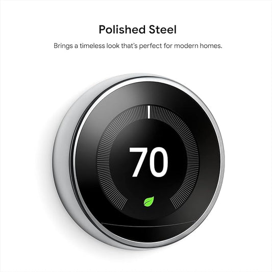Google Nest Learning Thermostat - 3rd Gen - Programmable Smart Thermostat for Home - Compatible with Alexa (Polished Steel)