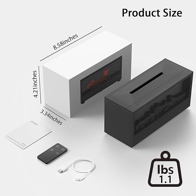 Fireplace Flame Diffuser, 150ml Desktop Intelligent Ultrasonic Essential Oil Diffuser, 7-Color Flame Simulation Firewood Diffuser, Remote Control, Timer & Auto-Off for Home, Room (Black)