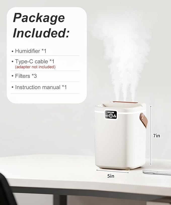 Air Humidifier for Bedroom with Three Spray, 2L Quiet Cool Mist Humidifier for Plants Dorm Room Office Home Car Personal Humidificador with Top Water Inlet & 4 Mist Modes & Night Light