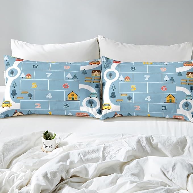 Rertro Blue Farmhouse Fitted Sheet Queen Size,Cartoon House Building City Trees Bedding All-Round Elastic Pocket,Digital Graffiti Boys Teens Bed Sheet 3 Pieces Fits Mattress(No Flat Sheet)