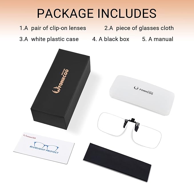 FONHCOO Clip on Blue Light Blocking Glasses Womens Mens over Prescription Glasses Frameless Lens Anti Eyestrain Headaches