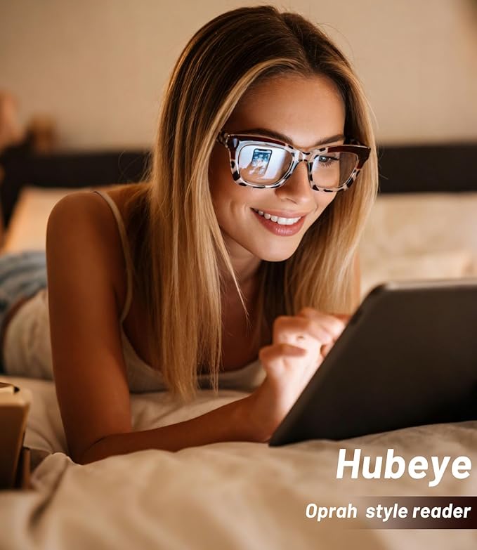 Hubeye Oprah Style Reading Glasses for Women Men Blue Light Blocking Computer Square Readers with Spring Hinge
