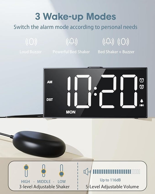 Roxicosly Vibrating Alarm Clock with Bed Shaker for Heavy Sleepers, 3-Level Vibration, Dual Alarms with Weekday & Weekend Mode, Large Digits, Dimmer, Snooze, USB Charger, Battery Backup