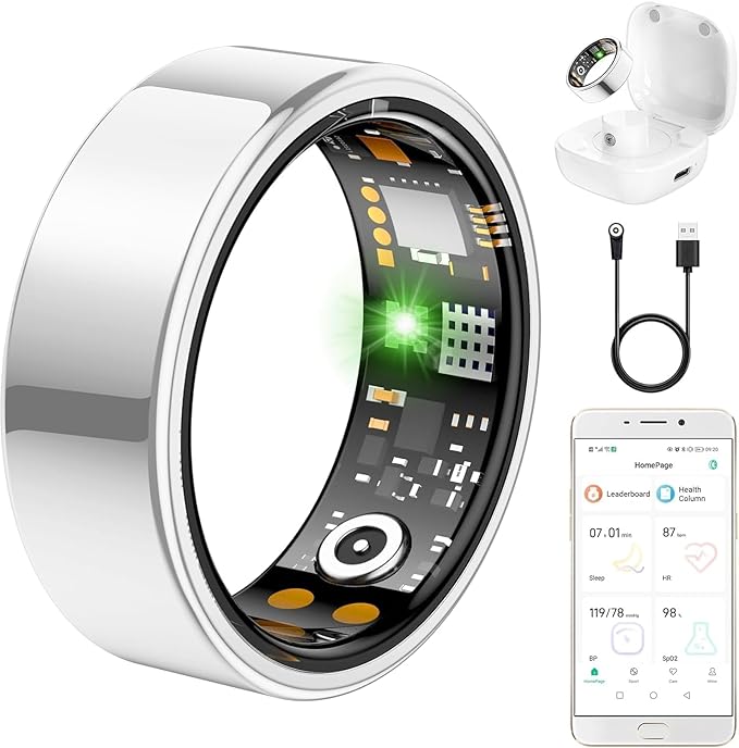 Ring Health Tracker for Women Men, Fitness Ring with Heart Rate,Blood Oxygen,Sleep Monitor,Calories, Step Counter, IP68 Waterproof Smart Ring for iPhone & Android, No Subscription Fee (Silver, 7#)