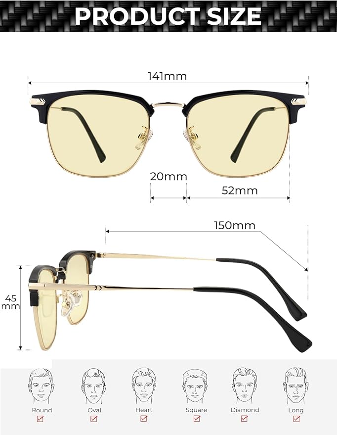 Blue Light Glasses | Men Browline Gaming Glasses | Anti Eye Strain & Migraine Blue Blocker Eyeglasses(Black Gold)