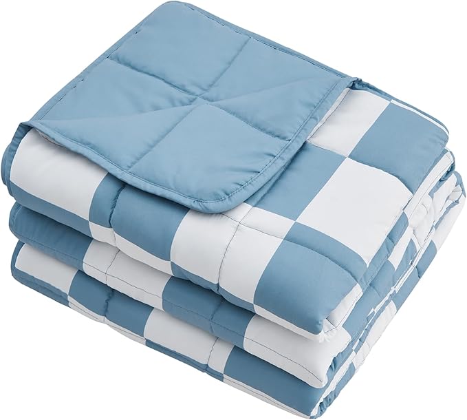 Blue Checkered Weighted Blanket for Adults 20lbs, 60"x80" Queen Size, Cooling Heavy Blanket for 130-220lbs with Premium Glass Beads, Soft Thick Big Blankets for All-Season Sleeping Comfort Breathable