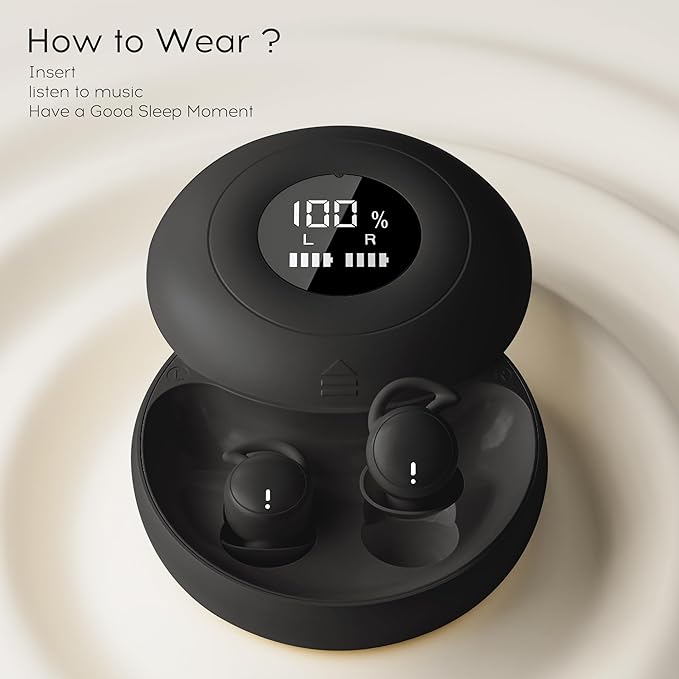 sunvito Sleep Earbuds Bluetooth 5.4, Mini Invisible Silicone Sleep Earbuds for Side Sleepers, Noise Blocking Sleeping Headphones, Hidden Earbuds with LED Display for Small Ears, Sleep & Relax (Black)