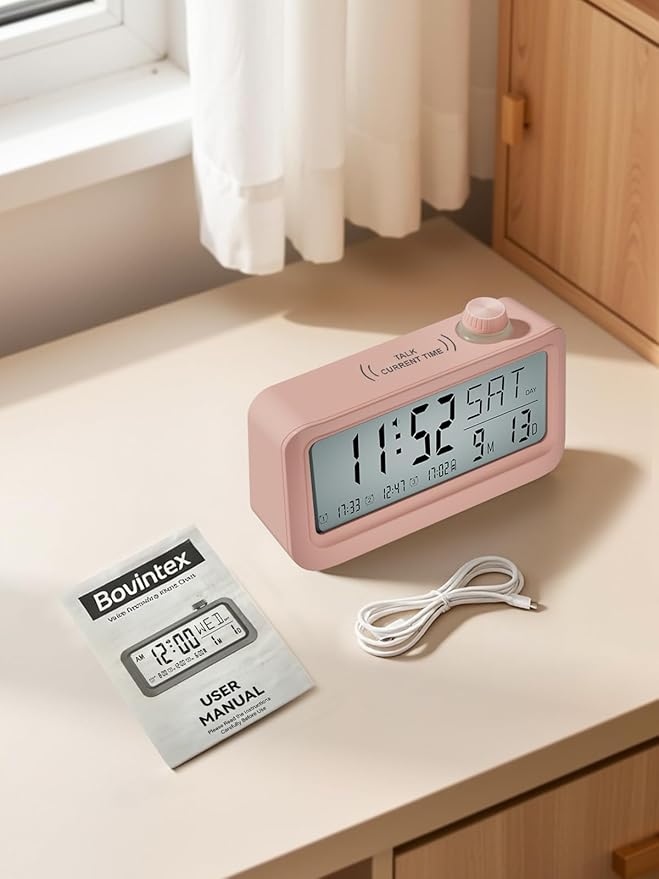 Medication Pill Reminder, RechargeableTalking Alarm Clock with 3 Custom Voice RecordingAlarms, Touch-to-Talk, a Digital Alarm (Clocks Gift forMom/Dad/Seniors/Elderly(Pink)