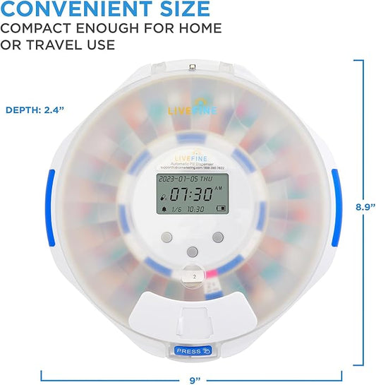 LiveFine Automatic Pill Dispenser with 28-Day Electronic Medication Organizer, 6 Dosage Rings, LCD Display with Sound & Light Alerts, Key & Magnifying Glass for Prescriptions, Vitamins & Supplements