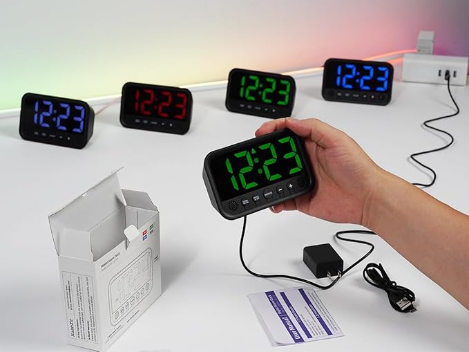Small LED Digital Clock for Bedroom, Loud Alarm Clock for Heavy Sleepers Adults, Teens | Plug-In Electric Desk Clock | Simple Bedside Nightstand Clock with Adjustable Volume/Brightness/Snooze – Red