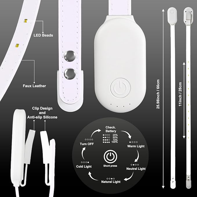 Rechargeable Book Light for Reading, 12 LED Eye-Care Reading Light, 4 Color Temperatures, Stepless Dimming, No Flicker, Evenly Distributed Lighting for Books, Perfect for Reader (White)