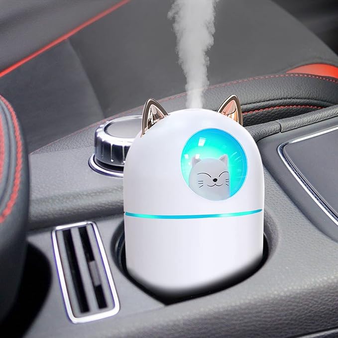 Small Humidifier Cute Portable Cool Mist Humidifier 300ML 7 Color Night Light USB Air Humidifier for Bedroom Office Desk Car Plants Travel (White)
