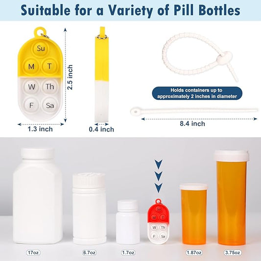 12 Pack Medication Pill Tracker Pill Reminder with Ties Reusable Daily Pill Tracker Portable Pill Bottle Tracker with Button 7 Day Memory Aid Medication Dose for Bottles The Elderly (12)