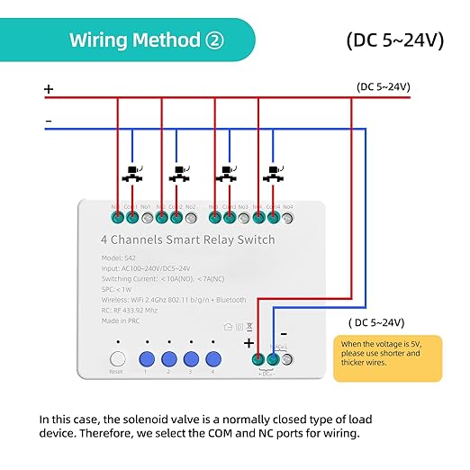 4 Channels Smart Relay Switch with Dry Contact, WiFi Bluetooth APP Control Module for Lights/Appliances, Voice Automation with Alexa & Google Home, 10A per Channel, AC110V/DC5V 12V 24V Compatible