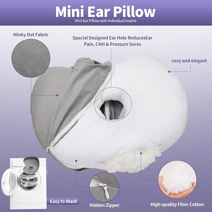 Curved Ear Piercing Pillow - Orthopedic Donut Design with 3.5" Ear Hole Relief, Gray Velvet Side Sleeper Support for Healing Piercings