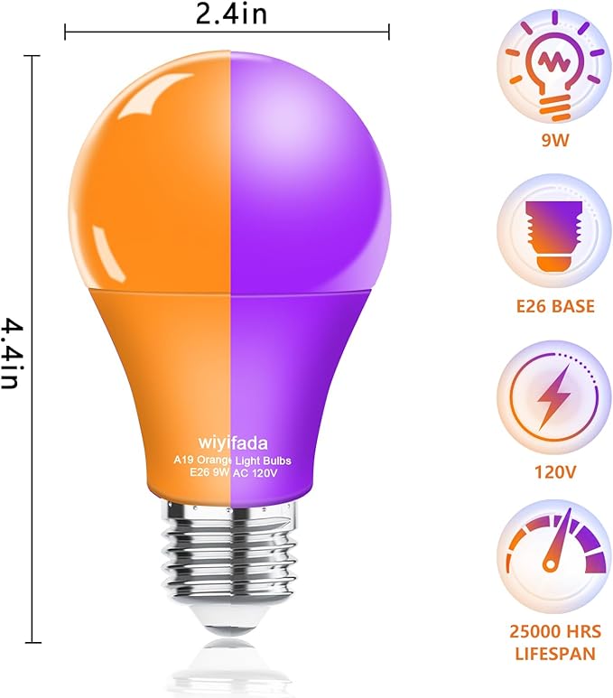 2 Pack A19 LED Orange Purple Light Bulbs,120V E26 Halloween Light Bulb LED Lights 9W Replace to 100W, Dimmable Colored Light Bulbs for Porch