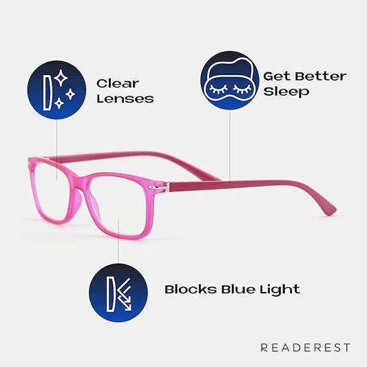 Readerest Blue Light Blocking Glasses – Thin Reflective Lens, Anti-Glare Computer Eyeglasses, UV Protection, Eye Strain Relief (Pink, 2.5 Magnification)