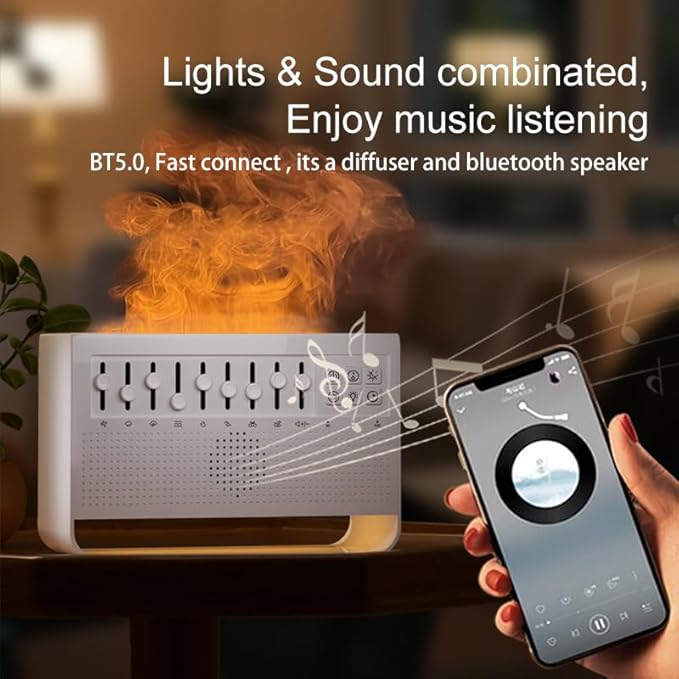 White Noise Sound Machine & Humidifier with Bluetooth Speaker, Sleep Aid Essential Oil Diffuser for Adults/Babies, Realistic Flame Lamp, Timer & Auto-Off for Deep Sleep.