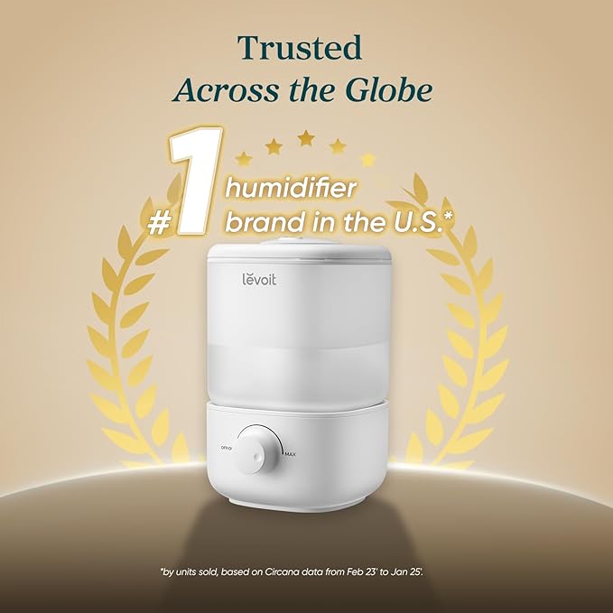 LEVOIT Top Fill Humidifiers for Bedroom, 2.5L Tank for Large Room, Easy to Fill & Clean, 28dB Quiet Cool Mist Air Humidifier for Home Baby Nursery & Plants, Auto Shut-off for Safety, 25H