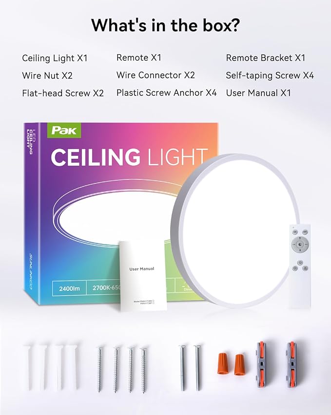 12 Inch LED Flush Mount Ceiling Light Fixture, 24W Modern Ultra-Thin Ceiling Lamp with Remote, 2400LM Dimmable Brightness, 2700K-6500K Adjustable Color Temperature, for Bedroom Living Room Kitchen