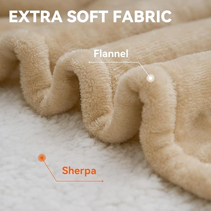 Warm Storm Electric Blanket Queen Size Heated Blanket Anti-Static Flannel & Sherpa 10 Heating Levels 12 Hours Auto Off Machine Washable Beige 84"x 90"
