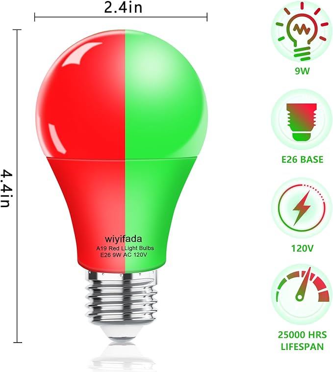 2 Pack A19 LED Red Green Light Bulbs,9W Christmas Light Bulbs Replace to 100W, 120V E26 Dimmable Colored Light Bulb for Halloween, Home Lighting, Party Decoration, Holiday Lighting